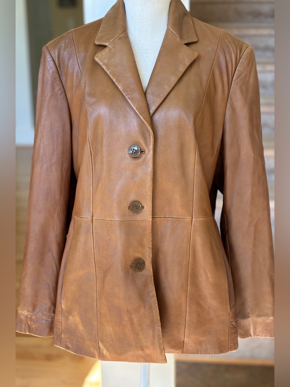 Wilsons Vintage Gen Leather Pelle Studio Women's Tan Button-Front Leather Blazer